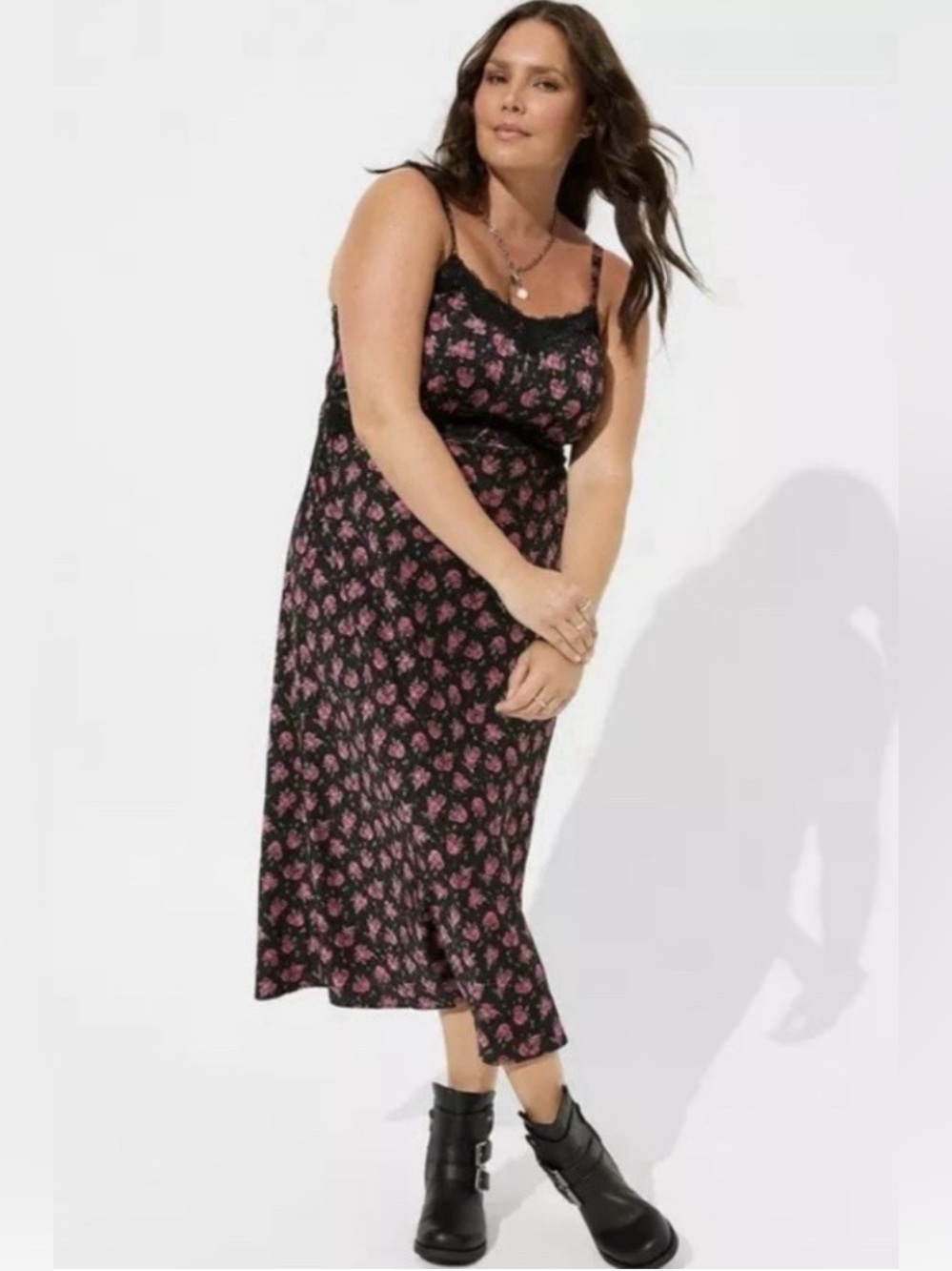 Torrid Rose Black Floral Maxi Woven Jaquard Lace Trim Cami Dress, Size 3X NWT